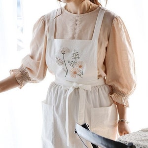 Simple Flower Embroidery Linen Apron For Women, Hand Embroidery Apron With Pocket, Kitchen Apron For Her, Personalized Gift