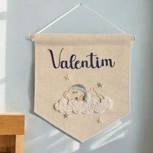 Custom Baby Bear Sleeping Embroidery Mini Fabric Banner, Hand Embroidered Linen Flag, Baby Shower Gift, Nursery Room Decor, Baby Name Sign
