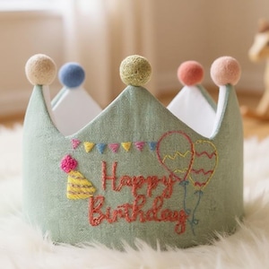 Custom Name Birthday Party Crown, Personalized Hand Embroidered Linen Crown for Birthdays, 1st Birthday Keepsake Gift, Handmade Fabric Crown