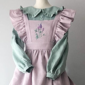 Custom Lavender Embroidery Apron for Her, Hand Embroidered Apron, Natural Embroidery Linen Apron, Apron Dress for Women, Mother&#39;s Day Gift