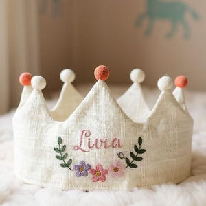 Personalized Hand Embroidered Linen Crown for Birthdays, Floral Birthday Party Crown, Custom Name Gifts for Birthday, Handmade Baby Crown