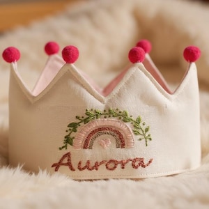 Personalized Hand Embroidered Rainbow Linen Crown for Birthdays, Handmade Baby Crown, Custom Name Birthday Party Crown, 1st Birthday Gifts