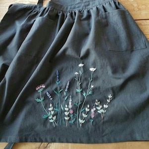 Embroidered Flower Garden Apron for Her, Hand Embroidered Apron, Flower Embroidery Linen Apron, Apron Dress for Women