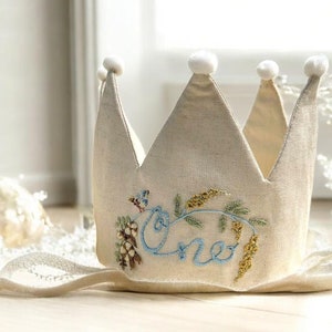 Custom Birthday Party Crown, Personalized Hand Embroidered Linen Crown for Birthdays, Gifts for Birthday, Handmade Baby Crown, 1st Birthday