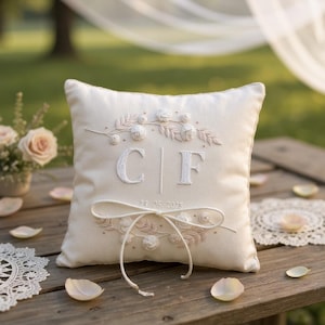 May include: Ivory ring pillow with embroidered floral details and the initials "C" and "F". The pillow features a bow and the date "13.05.2025". The pillow is on a wooden surface with scattered petals.
