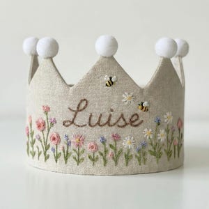 Custom Name Bee in Wildflower Garden Hand Embroidered Party Crown, Personalized Handmade Linen Crown for Woodland Birthdays, Baby Girls Hat