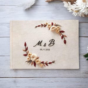 Personalized Embroidered Roses Linen Wedding Guest Book, Custom Name Landscape Notebook, Hand Embroidered Memory Book, Hardbound Scrapbook