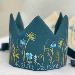 Personalized Hand Embroidered Linen Crown for Birthday with Wildflower, Gifts for Birthday, Handmade Baby Crown, Custom Birthday Party Crown