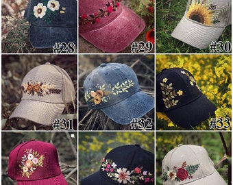 Vintage Flowers Embroidered Denim Cap, Hand Embroidered Baseball Hat, Handmade Beach Hat, Sun Garden Hat, Embroidery Gift Idea
