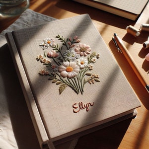 Personalized Flowers Bouquet Handmade Notebook, Vintage Hand Embroidered Notebook, Fabric Cover Notebook, Custom A5 Notebook, SecretNotebook