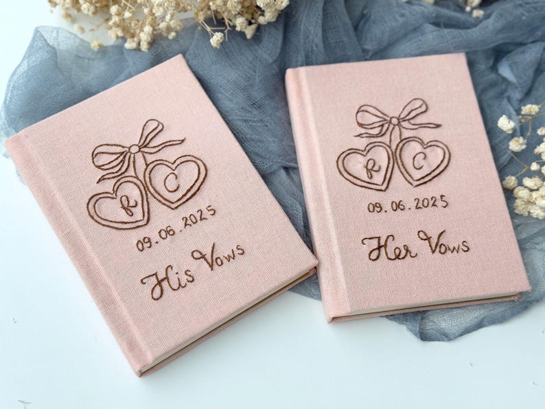 Set of 2 A6 Vow Books With Couple Heart Embroidery, Personalized Hand ...