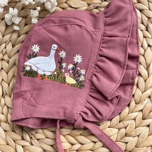 Baby Bonnet with Embroidered Goose in Daisy Garden, Baby Linen Bonnet, Hand Embroidered Linen Bonnet, Baby Brim Bonnet, Custom Baby Bonnet
