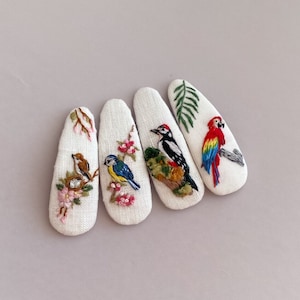 Bird Embroidery TearDrop Hair Clip, Hand Embroidered Hair Clip, Handmade Linen Hair Clips, Spring Embroidery Hair Clips