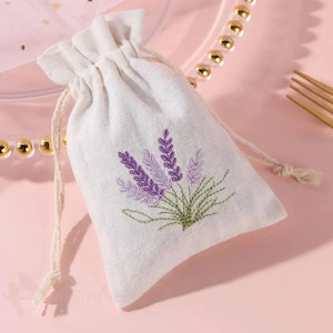 Linen Gift Bag with Lavender Embroidery and Drawstring Closure, Linen Gift Wrapping, Handmade Drawstring Bag, Storage Pouch, Jewelry Pouch