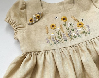 Dress with Sunflowers Garden Hand Embroidery, Soft Linen Dress, Toddler Linen Dress, First Birthday Dress, Kids Clothing, Dress for Girls