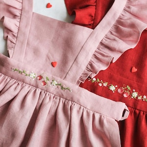 Vintage Strawberries Embroidery Aprons, Personalized Hand Embroidered Apron, Natural Embroidery Linen Apron, Ruffle Apron Dress for Women
