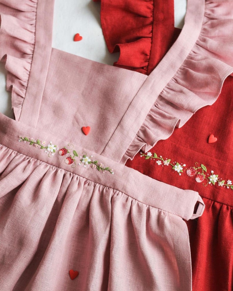 Vintage Strawberries Embroidery Aprons, Personalized Hand Embroidered Apron, Natural Embroidery Linen Apron, Ruffle Apron Dress for Women