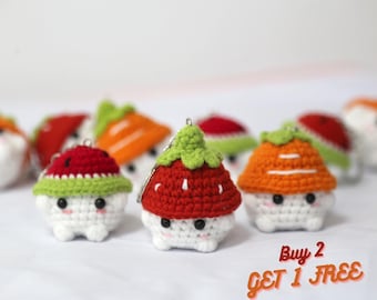 ACHETEZ-EN 2, OBTENEZ-EN 1 GRATUIT | Joli porte-clé champignon au crochet, porte-clé pastèque/fraise/carotte au crochet, porte-clé fruits au crochet, idée cadeau fait main
