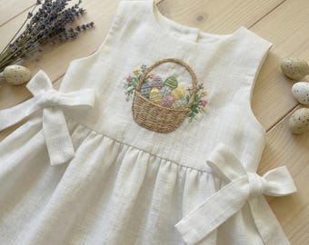 Easter Egg Hand Embroidered Linen Dress, Floral Soft Linen Dress, Toddler Easter Day Outfit, Bunny Easter Day Dress For Girls, Easter Gift