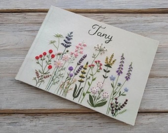 Custom Hand Embroidered Wildflowers Landscape Notebook, Personalized Embroidered Linen Wedding Guest Book, Memory Book, Hardbound Scrapbook