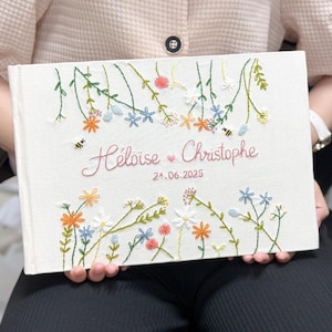 Libro de firmas de boda de lino bordado personalizado, libreta horizontal A4 personalizada, libro de recuerdos con flores bordadas a mano, álbum de recortes de tapa dura