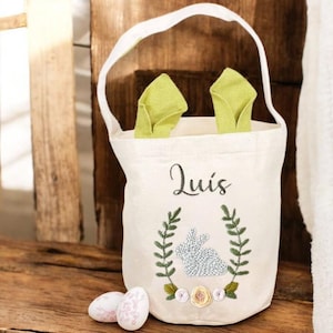 Personalized Easter Egg Hunt Basket with Bunny Ears, Hand Embroidered Linen Basket, Custom Name Bunny Basket, Easter Bunny Tote Bag