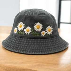 Vintage Daisy Hand Embroidered Bucket Hat for Women, Daisies Denim Hat, Gift for Mom, Hat For Woman, Colorful Embroidered Hat, Summer Hat