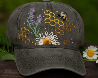 Bumble Bee with Lavender Embroidery Baseball Hat for Women, Embroidered Denim Cap, Vintage Hat For Woman, Embroidered Baseball Cap