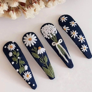 Daisies Hair Clip for Girls, Embroidery TearDrop Hair Clip, Hand Embroidered Hair Clip, Handmade Linen Hair Accessories, Cute Hair Clip