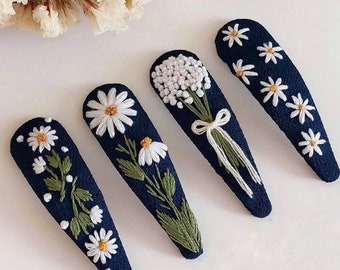 Daisies Hair Clip for Girls, Embroidery TearDrop Hair Clip, Hand Embroidered Hair Clip, Handmade Linen Hair Accessories, Cute Hair Clip