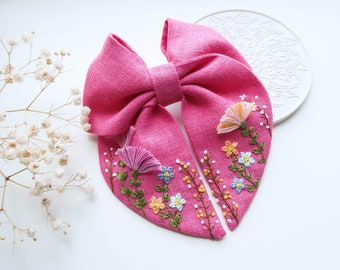 Flower Garden Embroidery Linen Hair Bow For Girls, Cute Hair Accessories, Custom Name Bow, Fabric Hair Bow Tie, Girl Birthday Gift