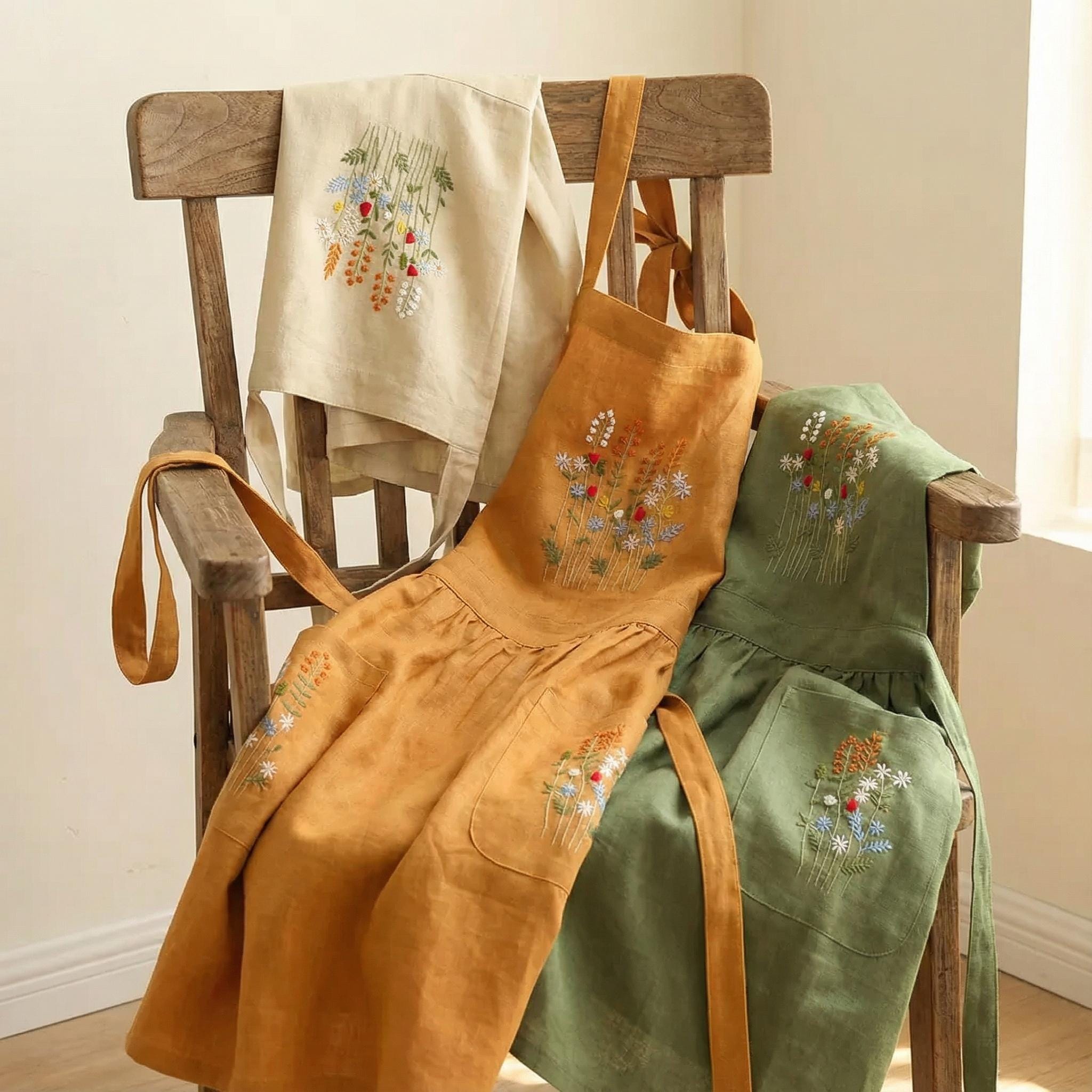 天然花柄100%ピュアエプロン、パーソナライズされた手刺繍のピュア