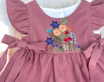Wildflowers Embroidery Handmade Dress, Girls Soft Linen Dress, Toddler Linen Dress, First Birthday Girl Dress, Kids Clothing, Dress for Girl