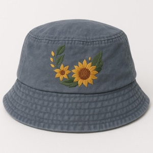 Vintage Sunflower Hand-Embroidered Bucket Hat, Summer Hat with Floral Bouquet Embroidery, Handmade Beach Hat, Sun Garden Hat, Gift For Mom