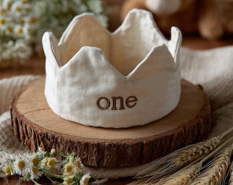 Custom Birthday Party Crown, Personalized Hand Embroidered Linen Crown for Birthdays, Gifts for Birthday, Handmade Baby Crown, 1st Birthday