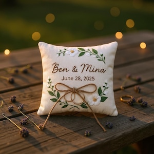 Personalized Jasmine Hand Embroidered Linen Ring Bearer Pillow, Boho Wedding, Custom Linen Cushion, Handmade Ring Holder,Wedding Ring Pillow