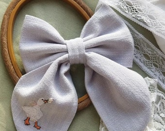 Goose Embroidery Linen Hair Bow, Handmade Hair Bow with Embroidery, Hair Accessories for Girls &Women, Fabric Hair Bow, One Silly Goose Gift