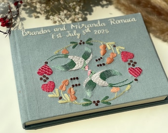 Vintage Love Birds Hand Embroidered Wedding Guest Book, Personalized Linen Notebook, Custom Landscape Memory Book, Wedding Guest Book Ideas