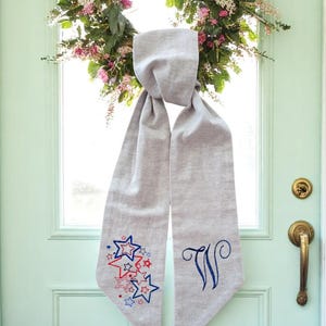 Personalized America Star Hand Embroidered Patriotic Wreath Sash, Linen Wreath Bow, 4th of July/Memorial Day Door Decor, Housewarming Gift