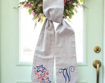 Personalized America Star Hand Embroidered Patriotic Wreath Sash, Linen Wreath Bow, 4th of July/Memorial Day Door Decor, Housewarming Gift