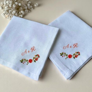 Mouchoirs de mariage en lin personnalisés avec broderie de fleurs, mouchoir brodé à la main personnalisé, mouchoir de mariée, cadeau de mariage