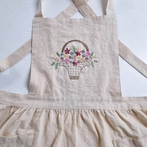 Flower Basket Embroidery Apron For Women, Hand-Embroidered Linen Apron, Flower Embroidery Linen Apron, Custom Apron, Gardening Apron