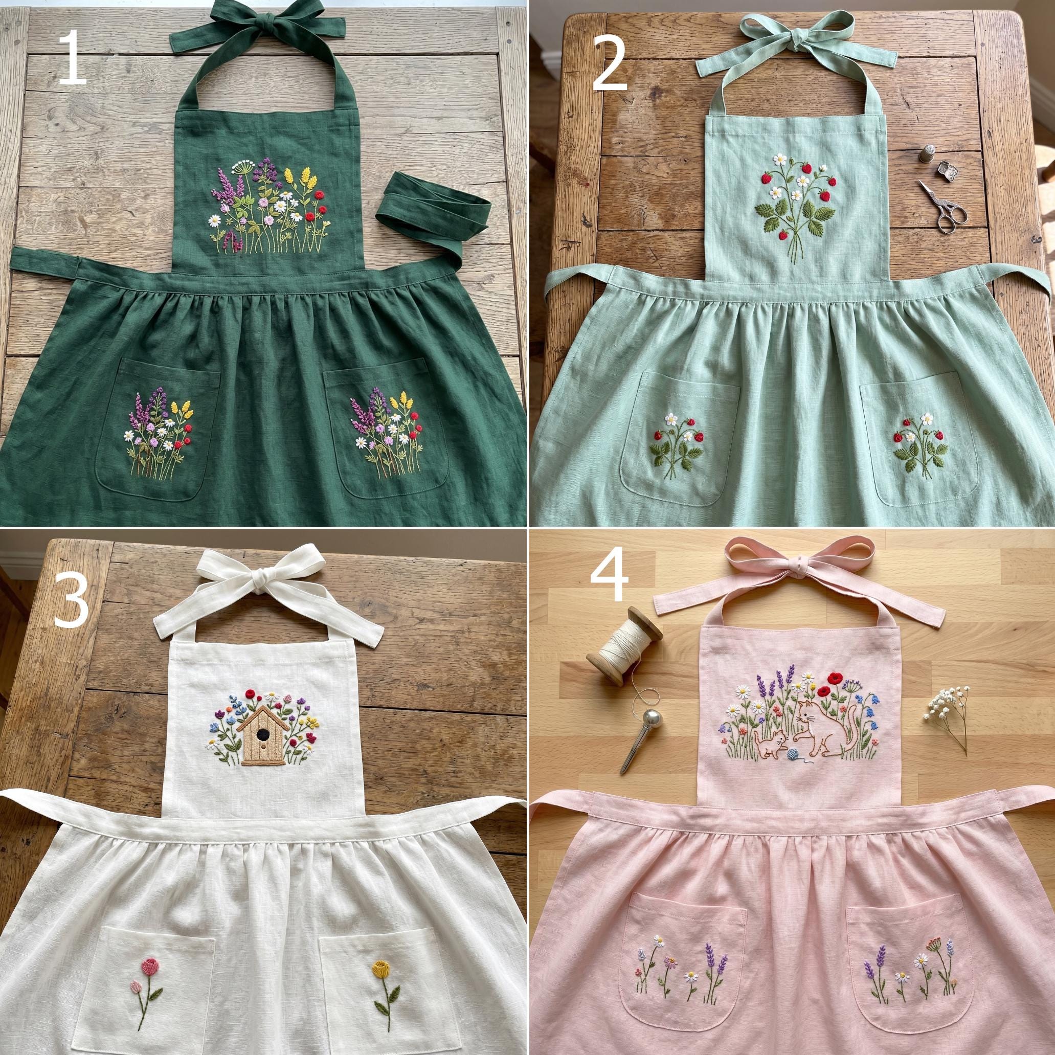 手刺繍の鳥小屋と野花があしらわれたリネンエプロン、ポケット付き花柄 