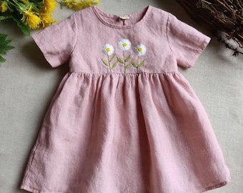 野花刺繍ドレス、手刺繍ガールズソフトドレス、幼児用リネンドレス、花