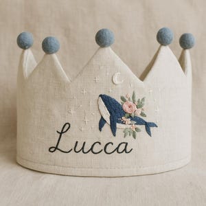 Custom Whale Birthday Hand Embroidered Party Crown, Personalized Floral Linen Crown for Birthday, Gifts for Birthday,Handmade Birthday Crown