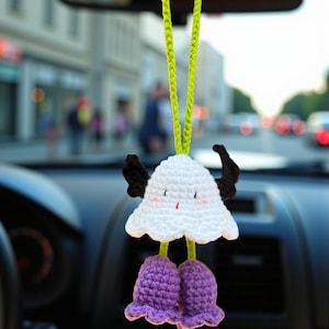 Cute Swinging Ghost & Flowers Car Mirror Hanging Accessories, Crochet Spooky Ornament, New Car Gift Idea, Halloween Car Decorations/Charm