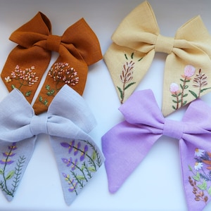 Froral Linen Embroidery Hair Bow, Hand Embroidery Bow, Hair Accessories for Girls & Women, Floral Fabric Bow, Children&#39;s Hair Bow