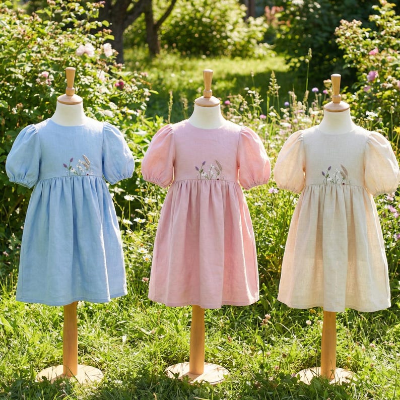 May include: Three dresses displayed on mannequins, each featuring puff sleeves, a round neckline, and a gathered waist. The dresses are light blue, soft pink, and beige, with delicate floral embroidery centred on the chest of each garment.