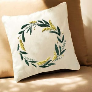 Hand Embroidered Mimosa Wreath Linen Pillow, Handmade Wildflower Cushion, Linen Pillow Cover, Living Room Decor, Home Decor, Handmade Gift