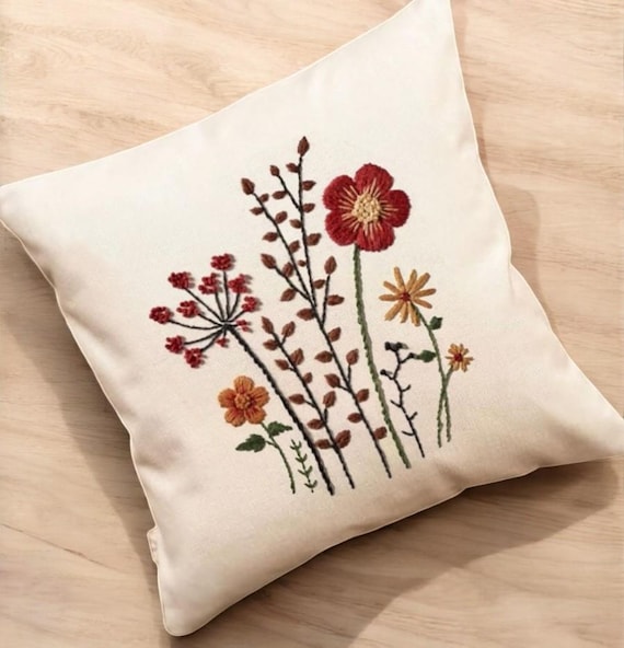 野花の手刺繍枕カバー、ハンドメイドクッションカバー、花柄リネン枕